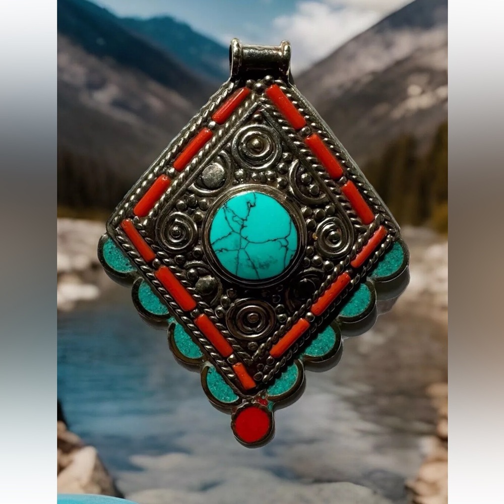 Vintage and stunning handmade Tibetan silver pendant inlaid withTurquoise &Coral